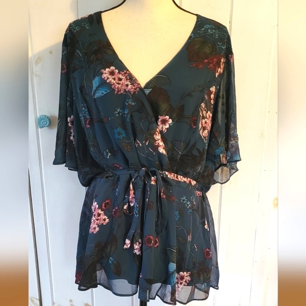 City Chic Peplum Tie Waist Floral Blouse